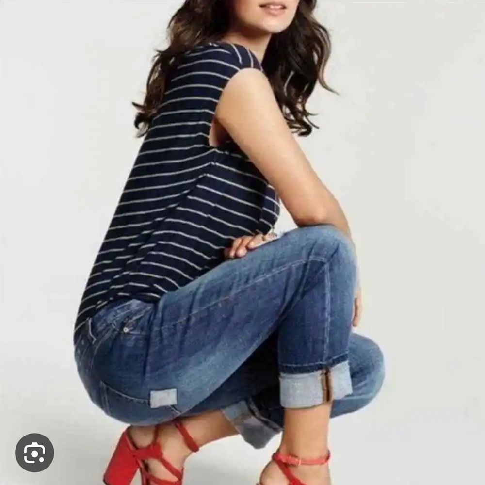 Cabi Navy & Green Striped Tee - Size Small